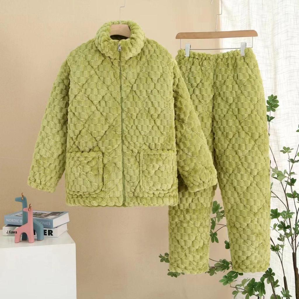 Three-Layer Fleece-Lined Quilted Winter Pajama Set for Elderly Women - Warm Coral Fleece Home Wear & Outerwear