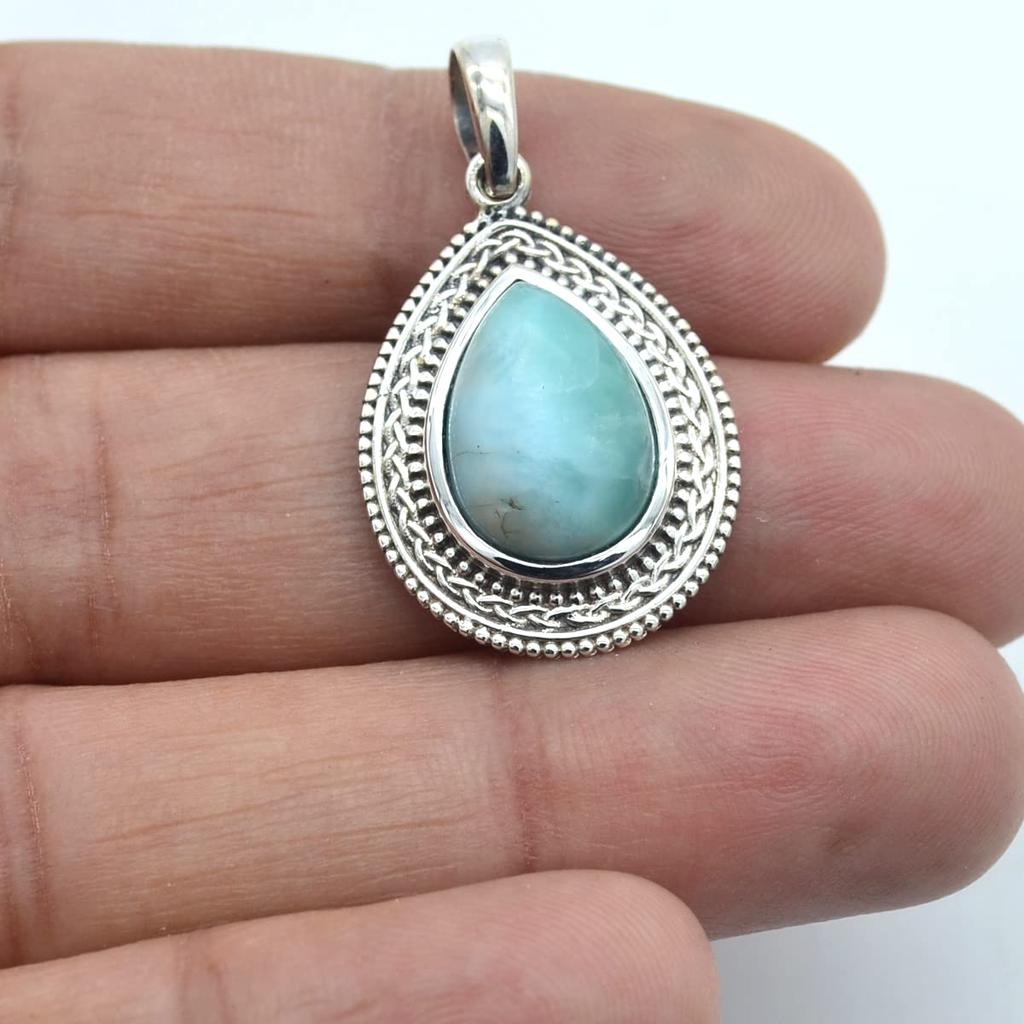 Pear Cabochon Larimar (5 Cts) Pendant Necklace Solid 925 Sterling Silver Gemstone Pendant with Chain Jewelry For Women or Girls