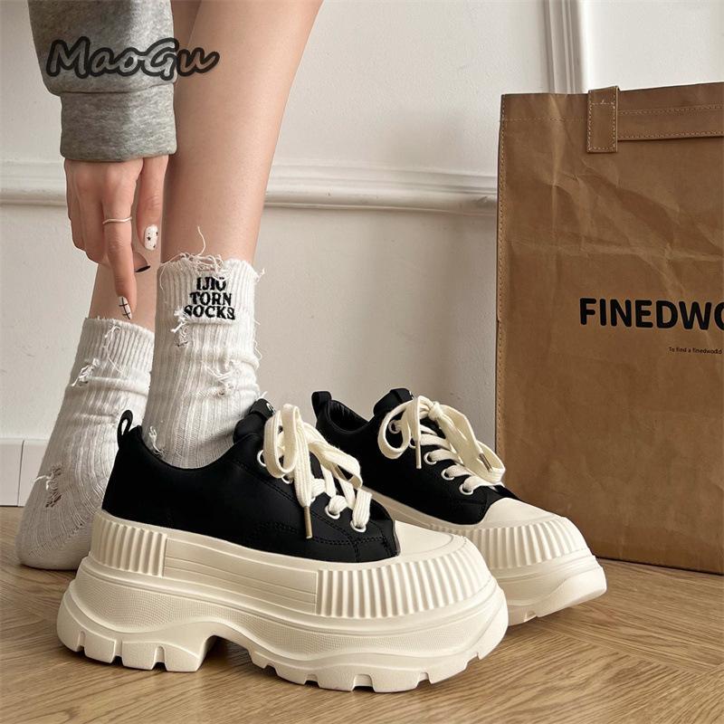 Fashion Thick Bottom Women's Casual Shoes Chunky Sneakers Black Beige Lace Up Height Increasing Sneakers for Woman Zapatillas De Mujer