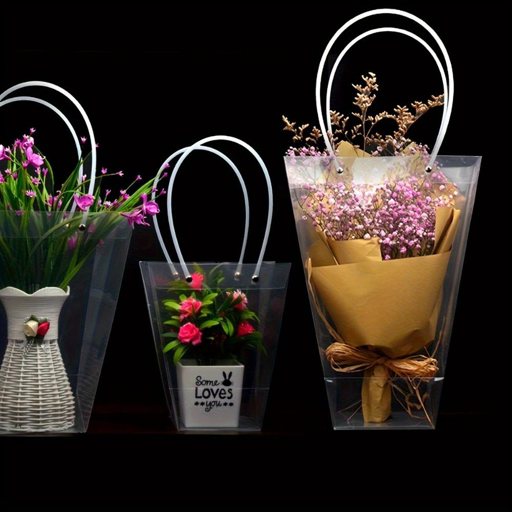 6 Stück langlebige, kristallklare, transparente Tragetaschen, durchsichtige Blumenstraußbeutel, Geschenktüten mit langen Griffen, elegante Blumenstraußverpackung und Geschenkverpackung