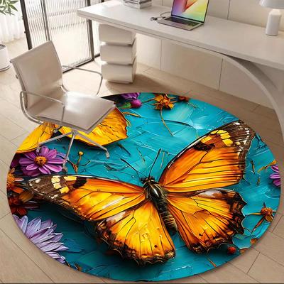 1pc Butterfly Flowers Office Round Area Rug, Indoor Mat Suitable ForOffice, Under Office Chairs Bedroom Living Room Home Decor, Room Deco  D074