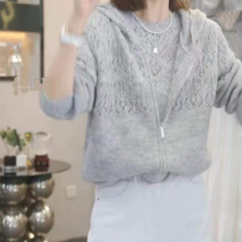 

Осень Зима Ажурное элегантное модное вязаное пальто с капюшоном Женское Свободное Повседневное Однотонное Кардиган Топ onesize серый