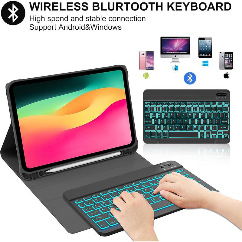 iPad 10th/11th Gen 10.9-inch Case with Colorful Backlit Bluetooth Keyboard & Pen Holder