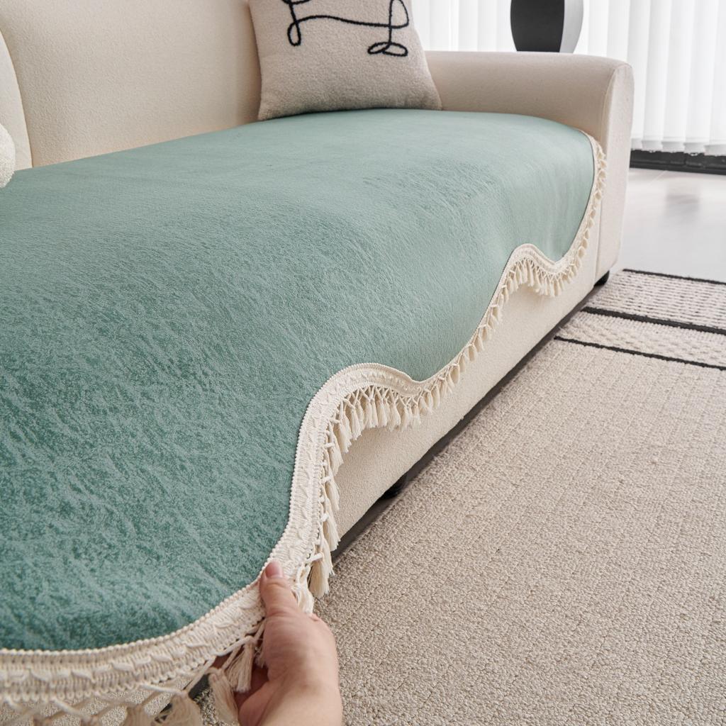 Thick Velvet Sofa Cover with Tassels Anti-Slip Design Universal Sofa Towel for Living Room Couch Decor Washable Durable