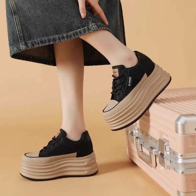 Leather Soft Surface 8cm Height Increasing Flat Shoes Autumn and Winter New Casual Shoes SyfIyno Thick Soled Women's Shoes