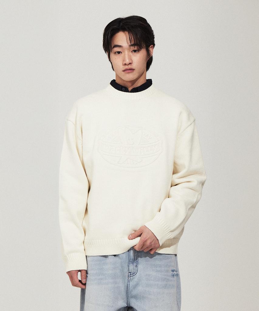 WACKY WILLY Embossed Logo Pullover Sweater Cream