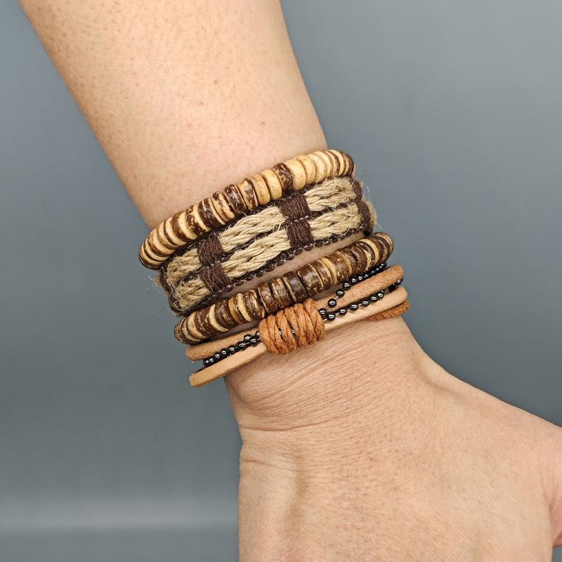 Vintage Mori-Style Braided Leather & Coconut Shell Bracelet Set - Adjustable Hemp Rope, Unisex, 4 Pieces