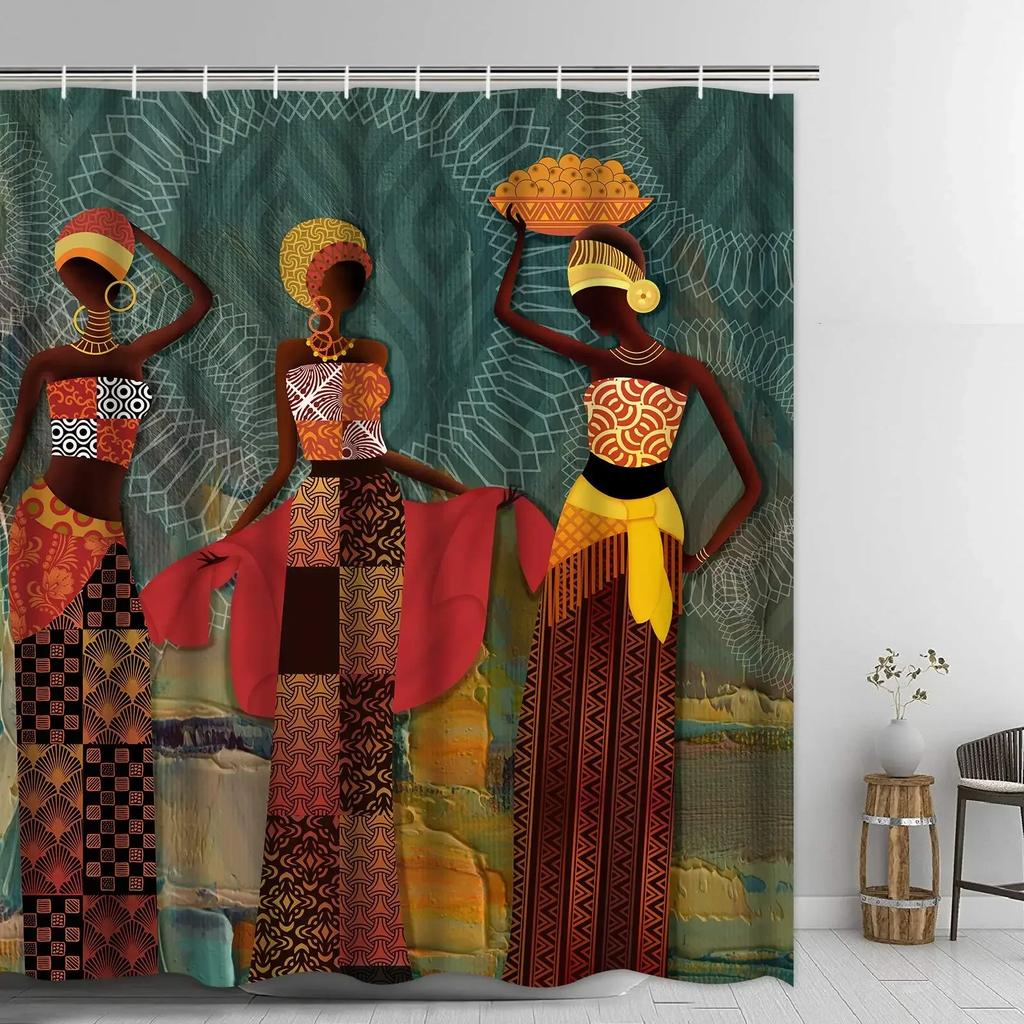 African Egyptian Women Shower Curtain with 12 Hooks African Girl Shower Curtain Waterproof Durable Afro Lady Shower Curtains Set
