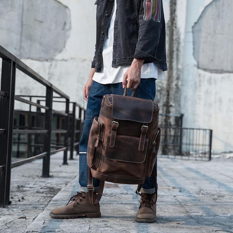 Genuine Leather Bag Handmade Cowhide Backpack Men's Large-capacity Motorcycle Men's Bag Cycling Travel Leather Bag Tide Brand Computer Backpack