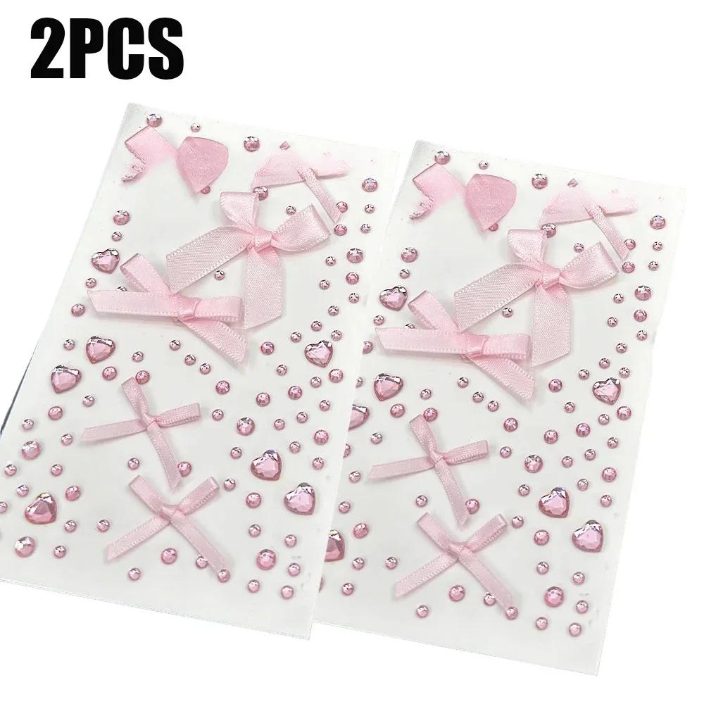 

2pcs 3D Pink love Lace Bow Crystal Stickers Deco Stickers for DIY Kpop Toploader Cute Sparkly Rhinestone Stickers Girls Gifts светло-серый