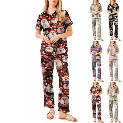 Women's Christmas Print Pajama Set Women's Short Sleeve Long Pants Two-piece Set Button-up Home Clothes