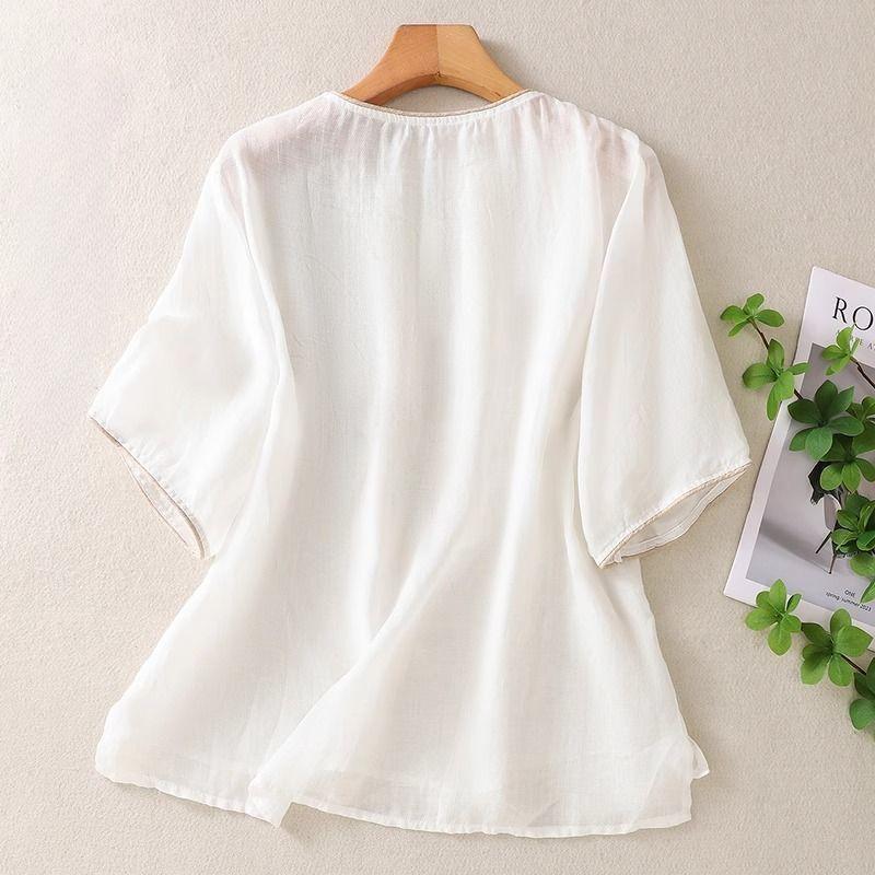Top Retro in Stile Cinese in Cotone Lino da Donna Estivo Sottile Largo Maniche Corte Camicia T-shirt