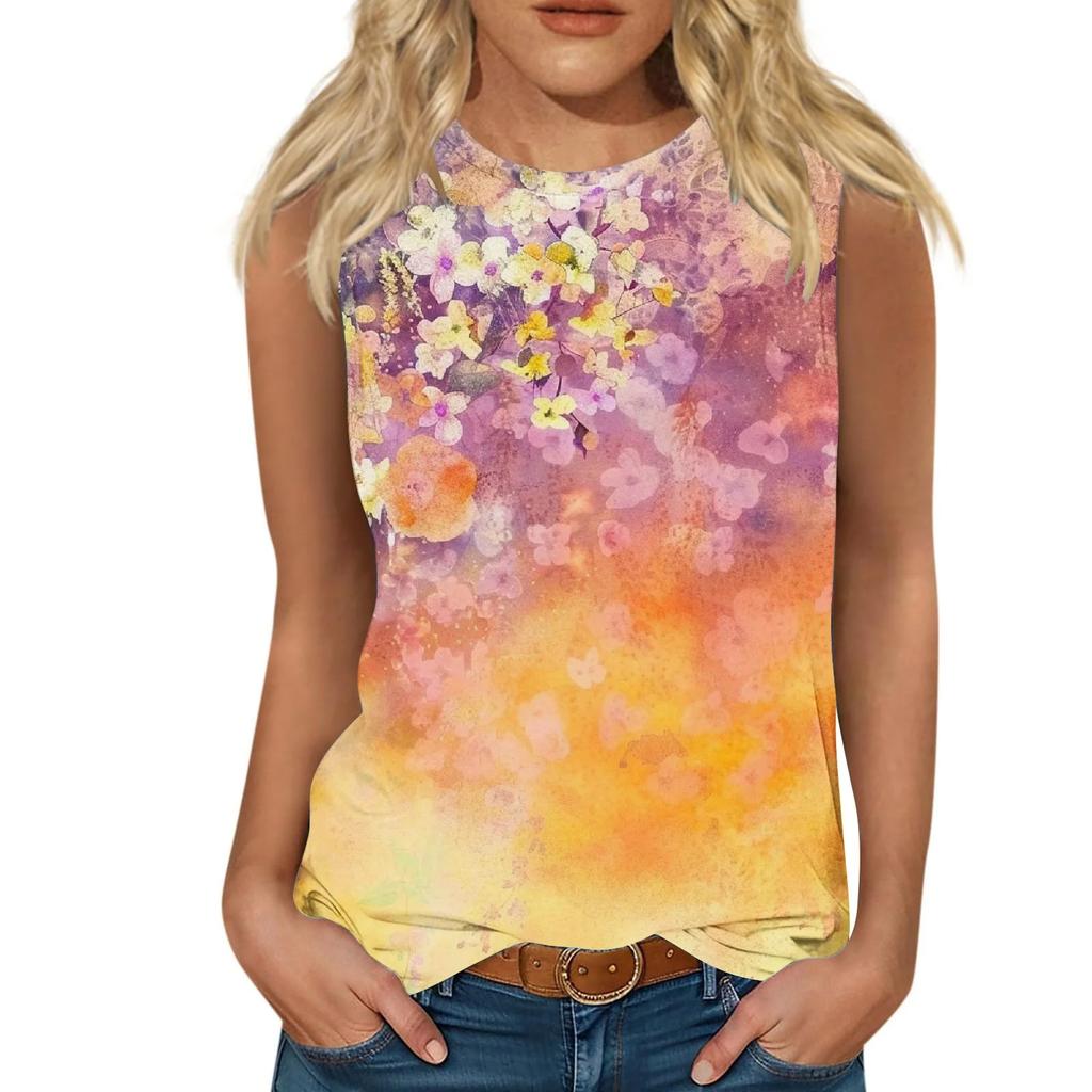Flower 3D printed vest women's summer round neck casual vest off shoulder Y2k elegant sleeveless top vest women's clothing
