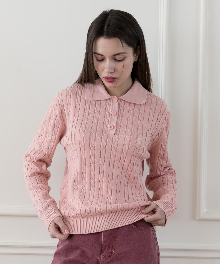 SELITIO Women'S Color Point Cable Collar Knit Pink