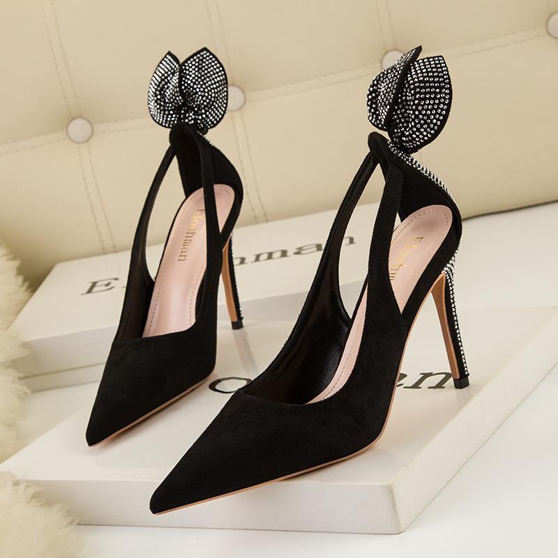 Fashion Women's High Heels 2025 Suede Stilettos Bow Detail Black Pointed Toe Pumps Sexy Temperament Footwear for Special Occasions