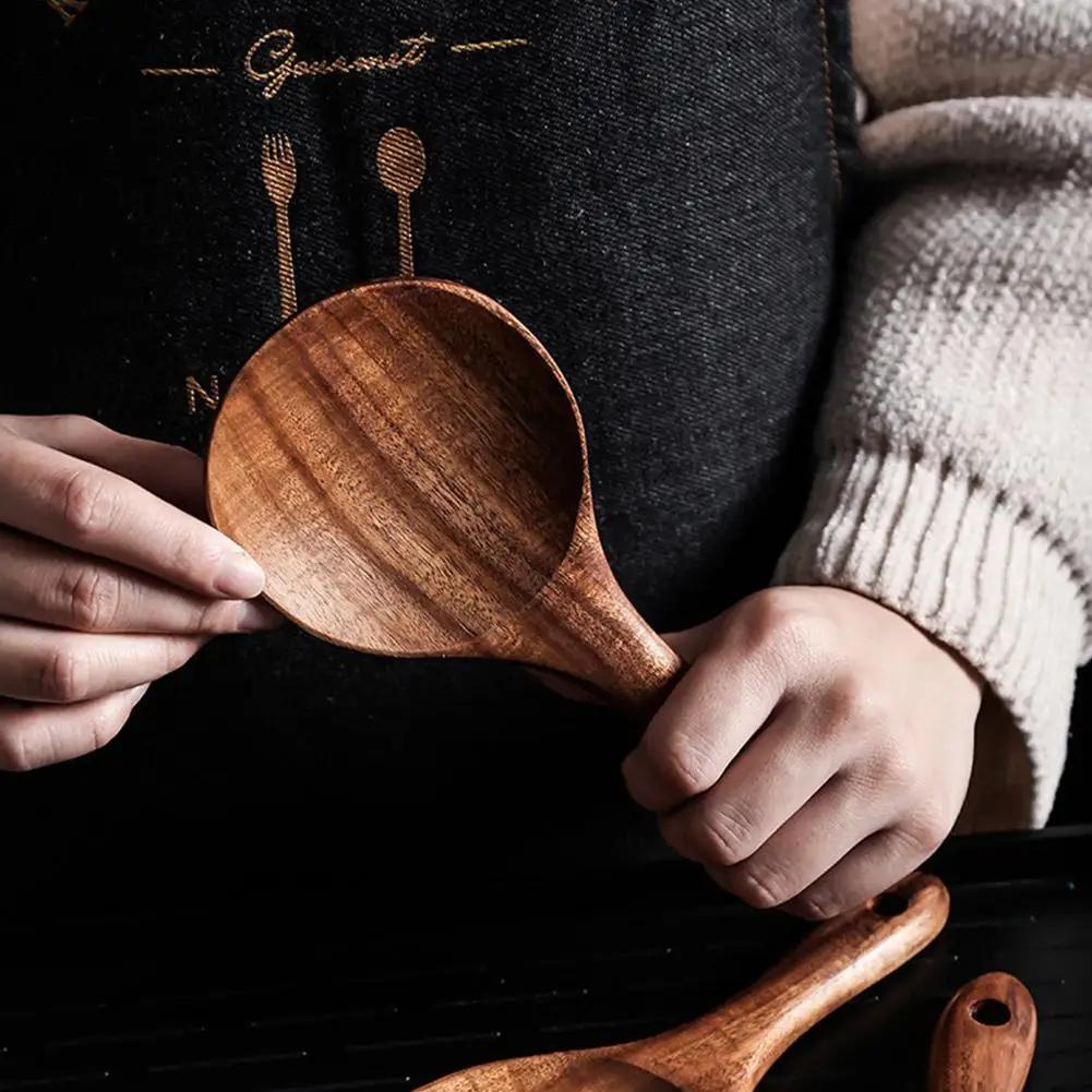 Solid Wood Rice Spoon Creative Non-stick Pan Wooden Spatula Kitchen Cooking Tool Simple Household Light Luxury Retro Rice Spoon
