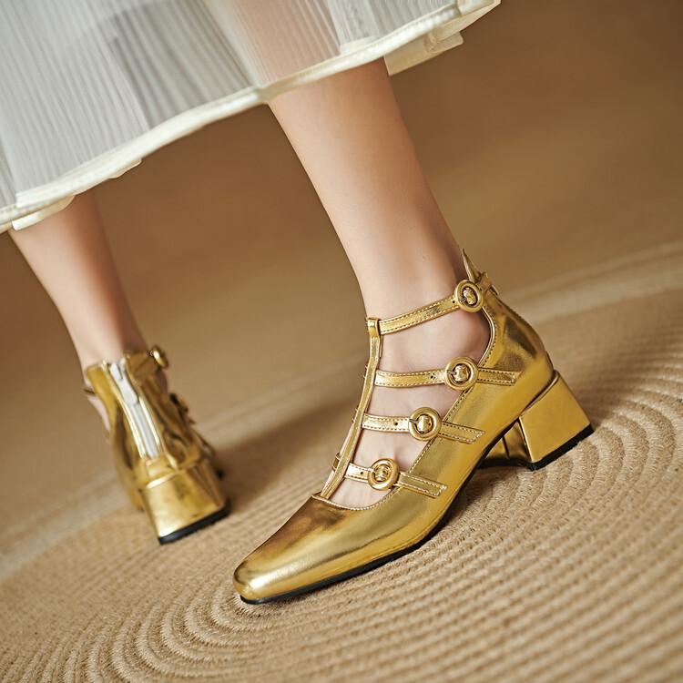 Gold silver patent leather hollow Mary Jane thick heel sexy high-top single shoes stage performance fashion model catwalk shoes