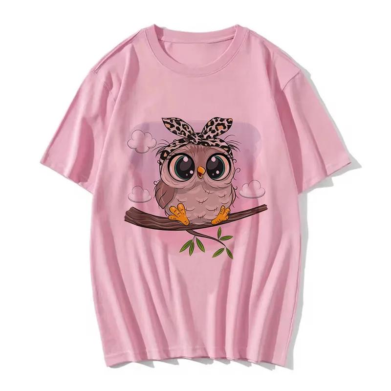 Cartoon Owl Print T Shirt Women Kawaii Graphic Shirts Casual Short Sleeved Black FeUnisex Tee Oneck Harajuku Tshirts