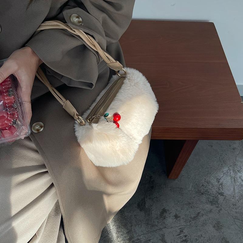 Winter new niche design cherry hair bag plush chain bag woven portable messenger bag women's tide