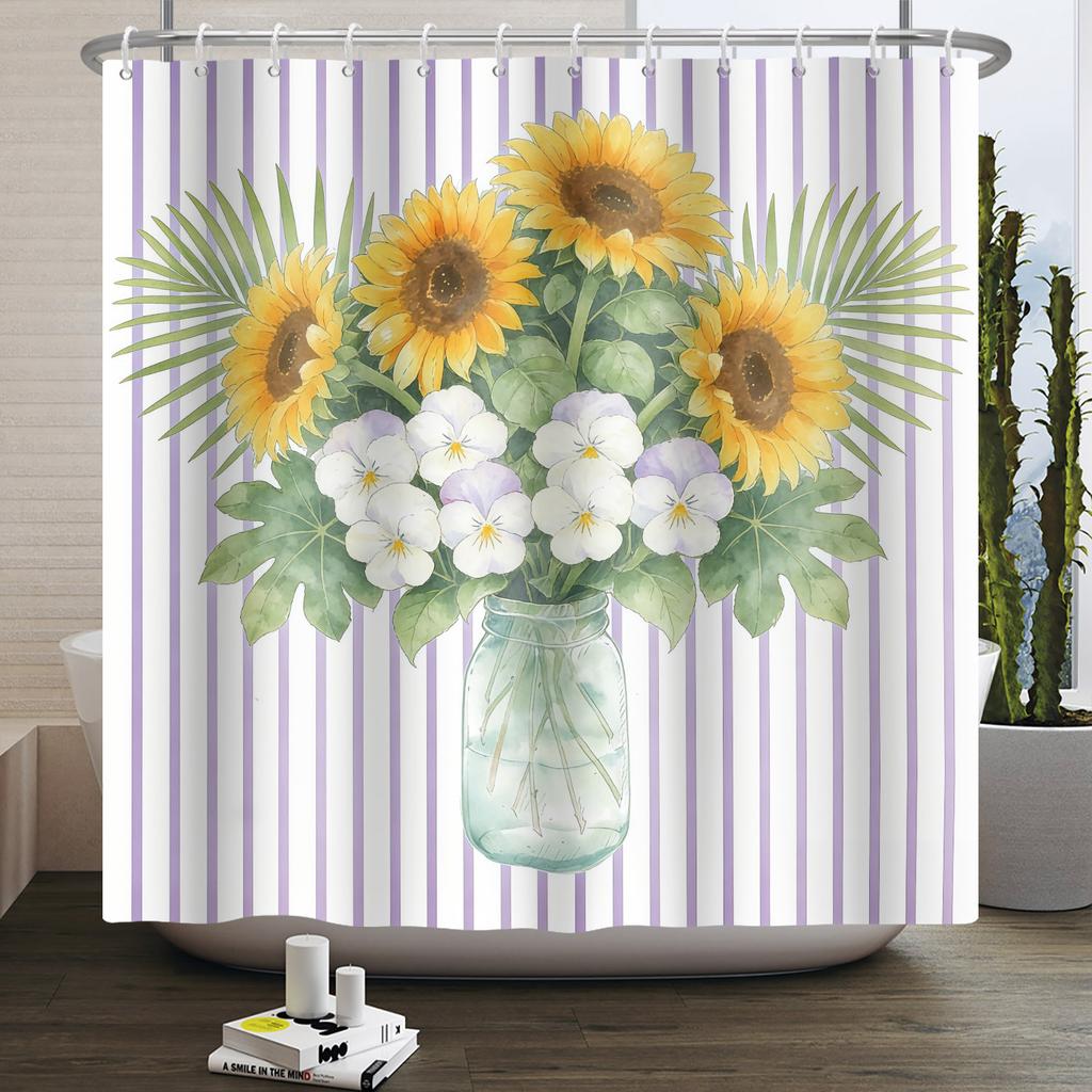 Country Sunflower Theme Waterproof Shower Curtain Wood Texture Barn Door Design Rustic Farmhouse Vintage Style Bathroom Decor