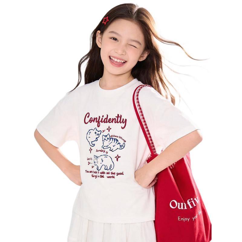 Girls' Stylish White Short-Sleeve T-Shirt for Teens and Big Kids - Lightweight Summer Top.