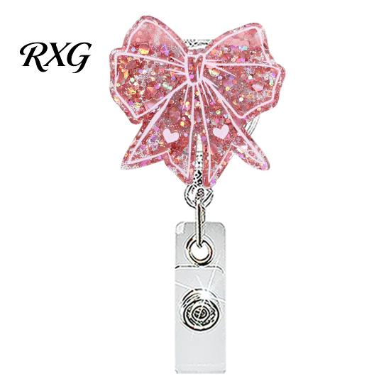 Cute Badge Reel Nurse Reel, Funny Retractable Glitter Acrylic Name Tag Holder with Bow Clip, Sparkly ID Card for Teachers Student Staffs