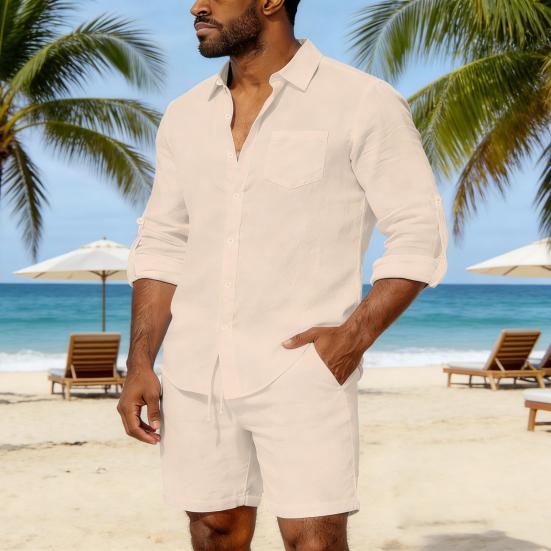 2 st/set Damtoppar och Shorts Set Lapel Långärmad Enkelknäppt Skjorttoppar Elastiska Mellanhöga Shorts Set Casual Tvådelat Set Strandkläder