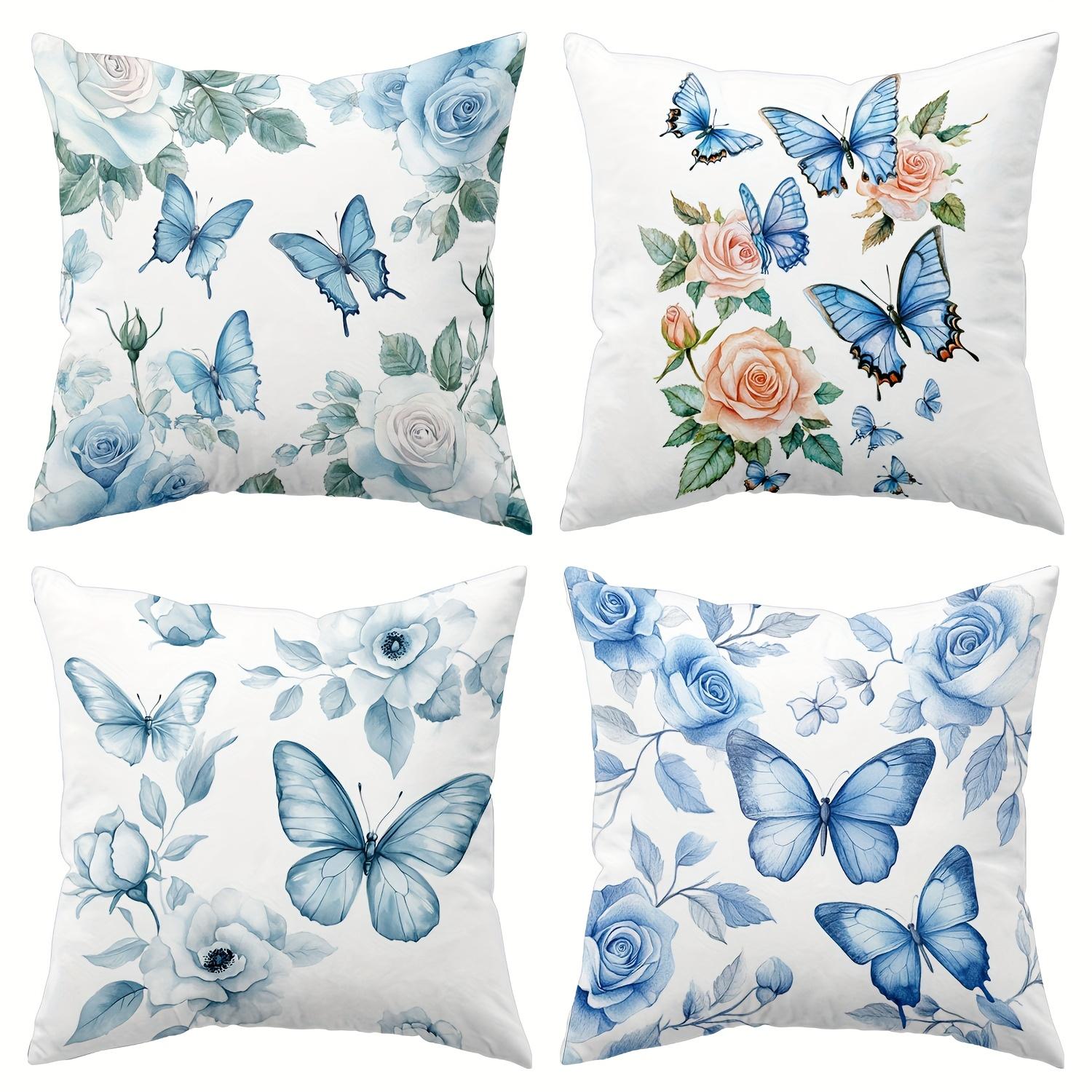 

4pcs Blue Butterfly & Rose Theme Throw Pillow Covers, Fresh Watercolor Style, 18x18 Inches - Polyester, Zipper Closure, Machine Washable 4pcs（18*18inch）