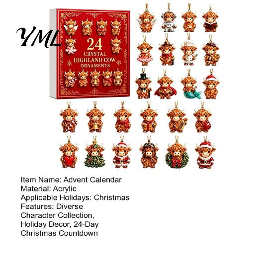 Reusable Christmas Pendant Set Highland Cow Advent Calendar, 24 Pcs Acrylic Hanging Ornaments for Creative Calendar Gift Tree Decoration, Festive