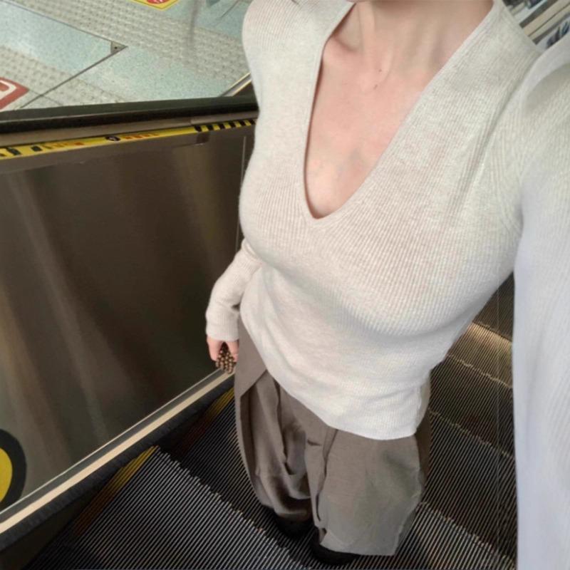 Solid Color V-neck Knitted Bottoming Shirt Women's Autumn and Winter New Inner Sweater Pure Desire Slim and Thin Versatile Long-sleeved Top