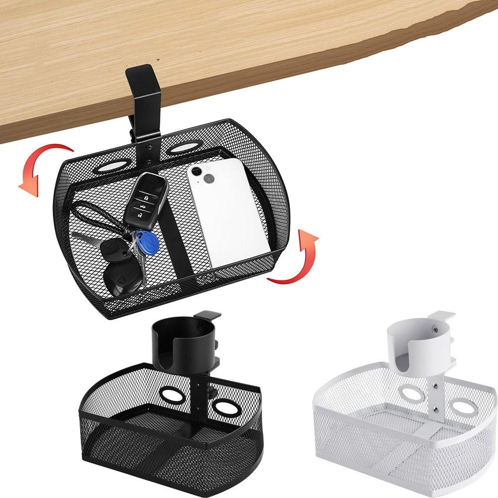 Spill-proof Under Desk Drawer 360° Swivel Mesh Storage Box Clamp-on Swivel Organizer  Stationery