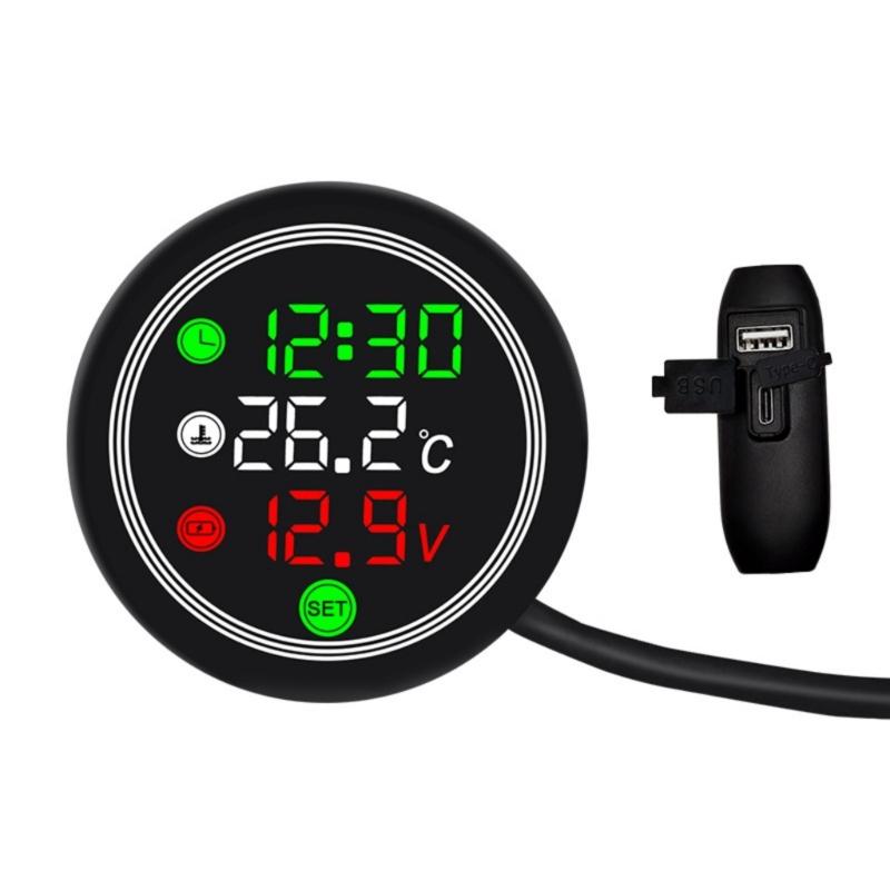 12V Motorcycle Voltmeter Voltage Gauge With Temperature Monitoring USB Type C Charging And Time Display