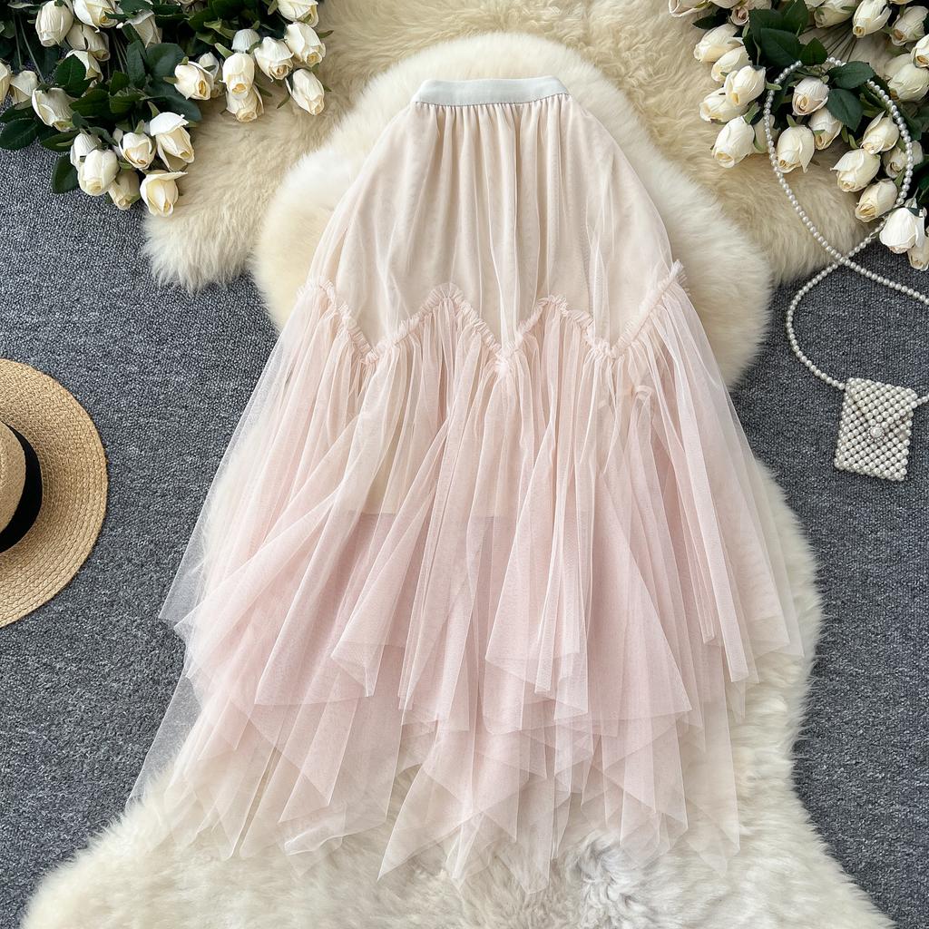 Summer Women Sweet Mesh Patchwork High Waist Long Midi Skirt