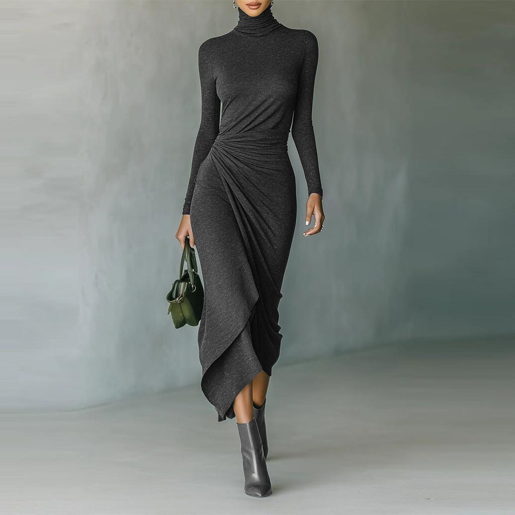 Women's Color Round Neck Long Sleeved Waist Cinched Dress
