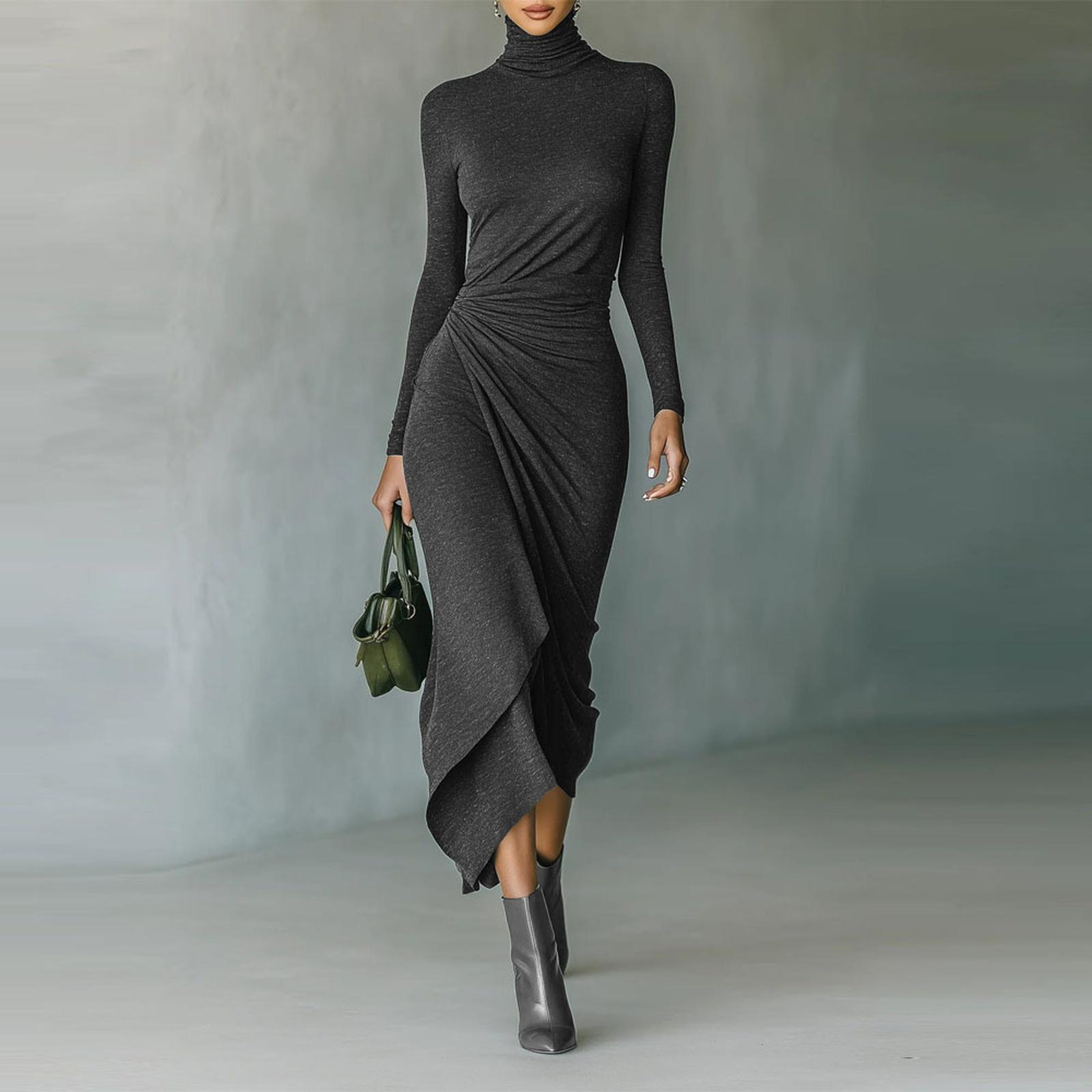 

Women s Color Round Neck Long Sleeved Waist Cinched Dress M