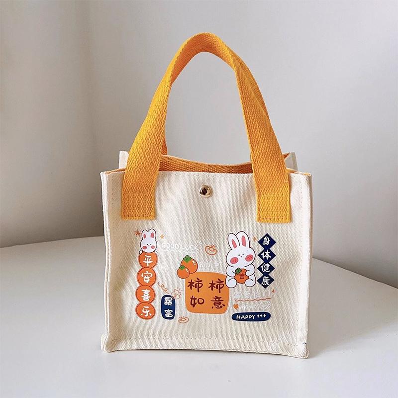Cute Canvas Handbag Cartoon Small Bucket Bag Clutch Purse Bento Bag Office Worker Handbag Women Girls