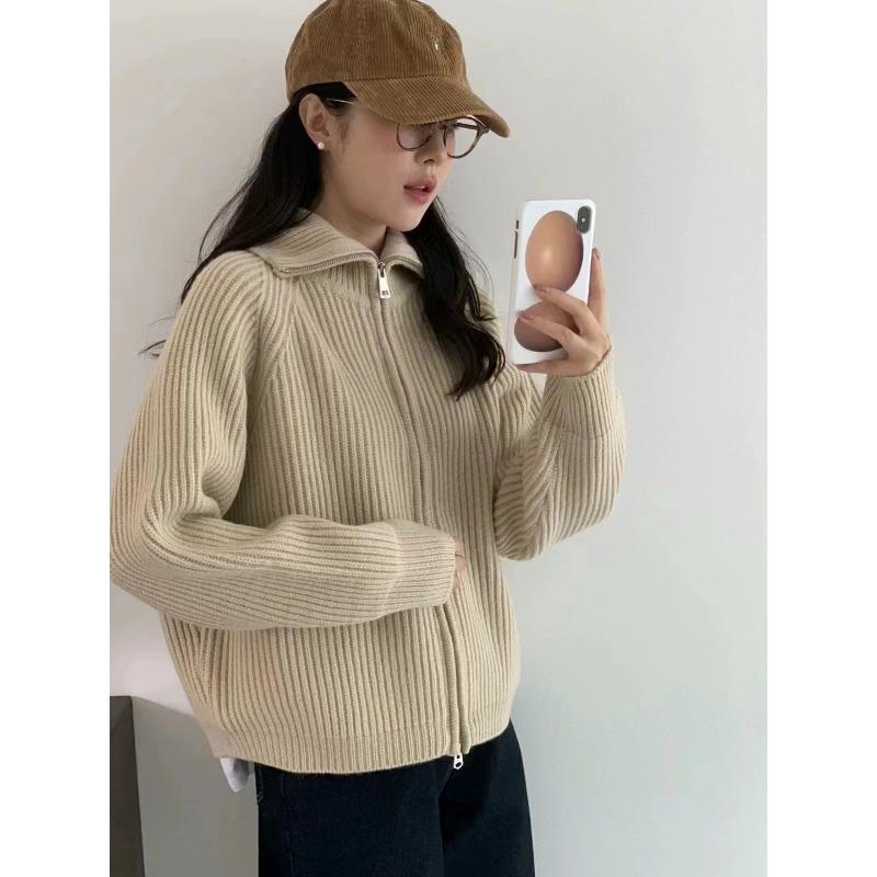 New solid color pit strip double zipper design sense shoulder long sleeve knitted jacket women solid color simple sweater women