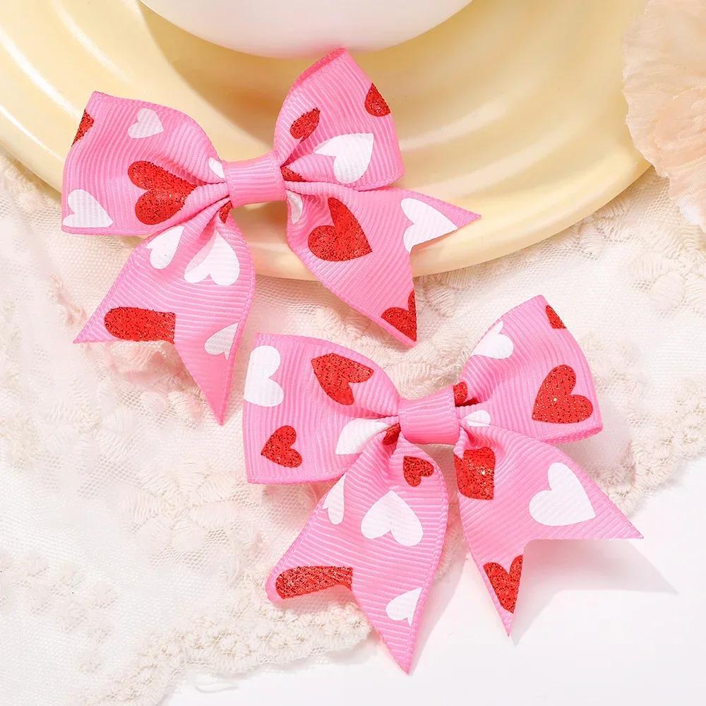 2Pcs/set 2.36''  Valentine's Day Printed Bow Hairclips for Girls Children Ribbon Hair Bows Clip Cheer Up Hair Accessories Gifts