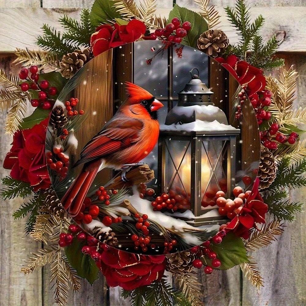 

Vintage Metal Tin Sign Red Cardinal Winter Wreath Oil Lamp Retro Wall Decor for Home Bar Cafe Rustic 20x20 різнокольоровий