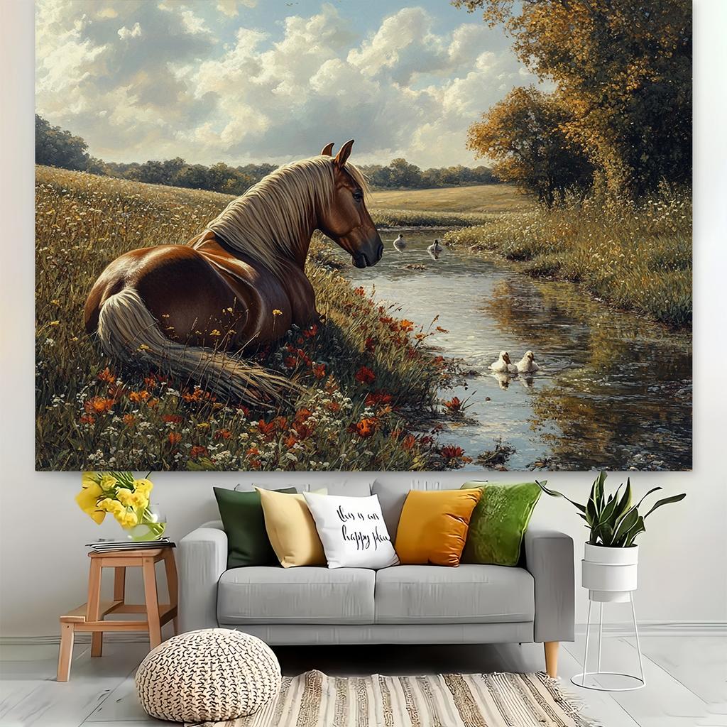 Cloth Background with Brown Horse Resting by the River with Ducks and Wild Flowers for Use in a Photographic Studio