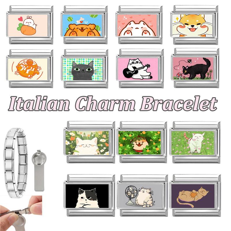 Y2K Cartoon Cat Dog Flower Love Rabbit Guitar Italian Charm Links Fit 9mm Stainless Steel Bracelet Women Men DIY Making Gift