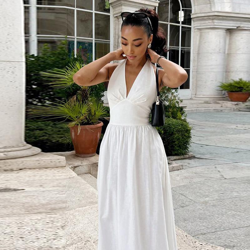 Bílé bavlněné halter šaty s výstřihem do V, sexy odhalená záda, dámské šněrovací A-line šaty, top v pase, velká sukně, módní plážové šaty na dovolenou, léto nové