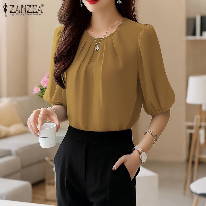 ZANZEA Women Casual Round Neck Summer Half Sleeve Blouse
