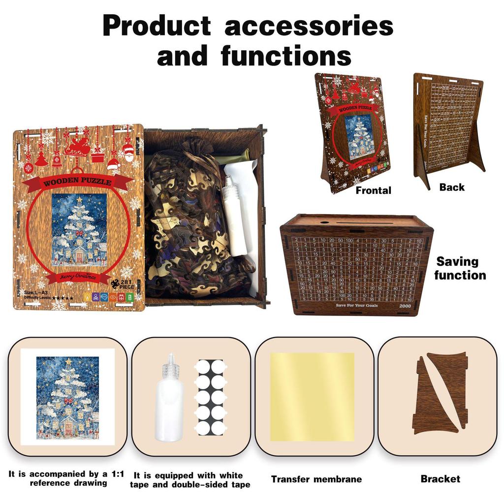 Wooden Irregular Christmas Tree Jigsaw Puzzle and Piggy Bank Gift