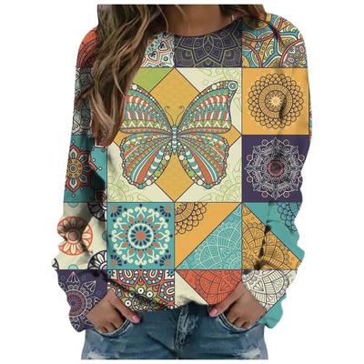 Frühling und Herbst Neue Elegante Damen Damen Boho Mode Lose Beiläufige Plaid Grafik Druck Langarm T-Shirt Top