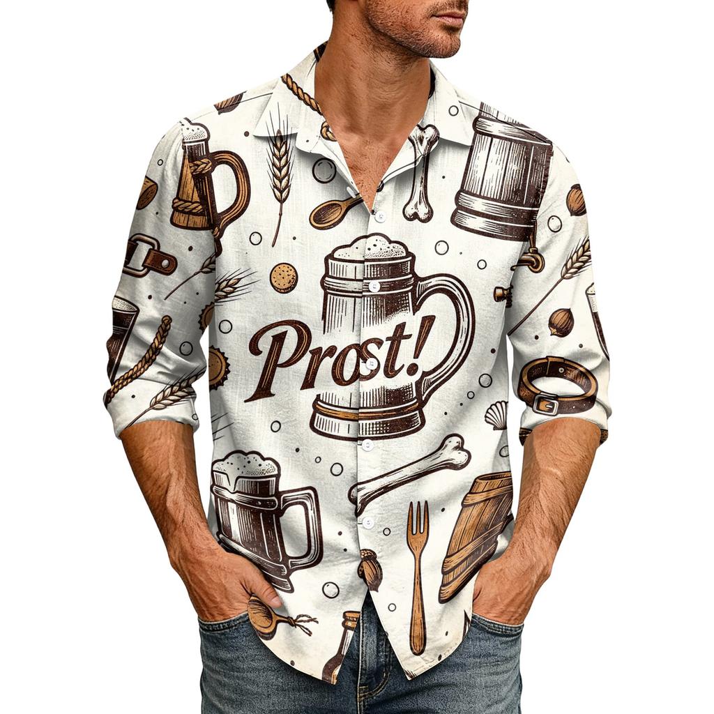 Men Loose Fit Lapel Collar Long Sleeve Shirt Vintage Style Casual Button Down Top with Graphic Print for Daily Wear and Outdoor Activities