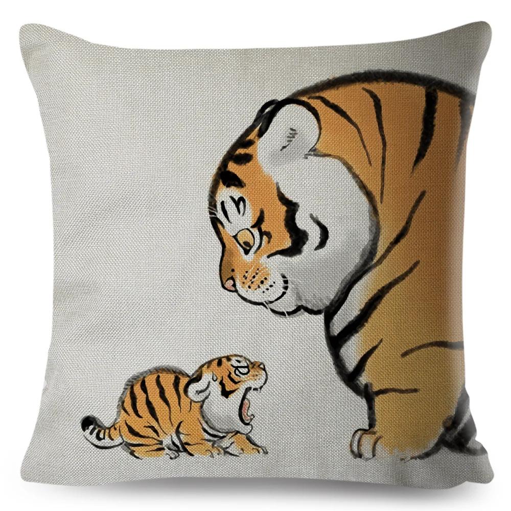 Funny Fat Tiger Cushion Cover Decor Cute Cartoon Animal Pillow Case for Sofa Home Car Linen Chinese Ink Throw Pillowcase