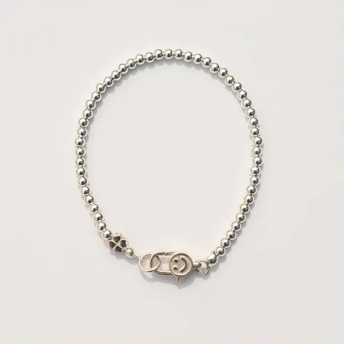 3mm Silverball Clover Smile Lock Bracelet 925 Sterling Silver Clover Charm Smile Lock 3mm Ball Bracelet