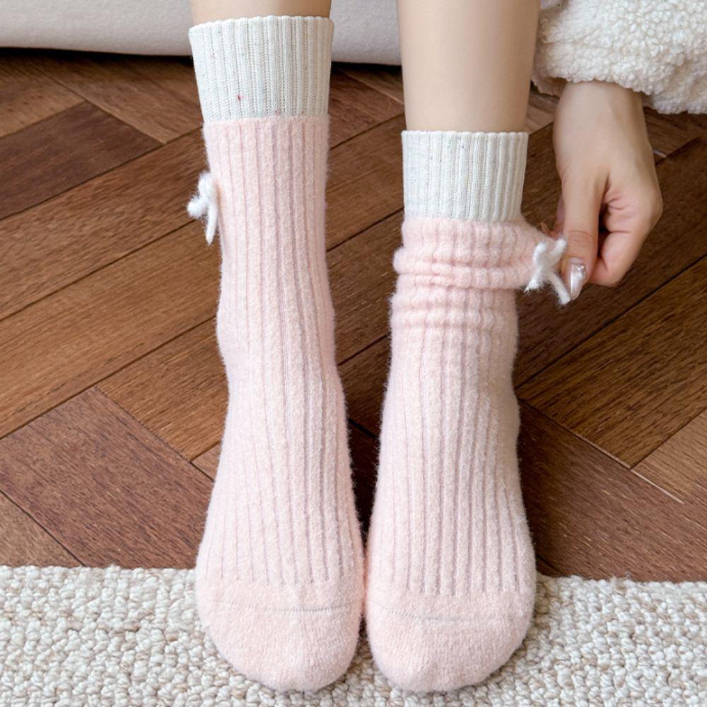 Soft Plush Sleep Socks Bowknot Warm Home Socks Simple Middle Tube Socks  Indoor Use
