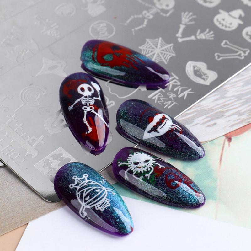 Halloween Nail Art Stamping Templates Kit 6 Pcs Nail Art for Image Plates Pumpkin Ghost Skull Bat Owl Spider Web Nail De